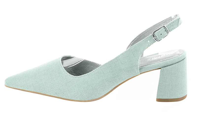 Aquamarine blue women's slingback shoes. Pointed toe. Medium flare heels. Profile view - Florence KOOIJMAN